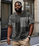 Men's Plus Size Gray Geometric Print Henry Collar Button Short Sleeve T-shirt